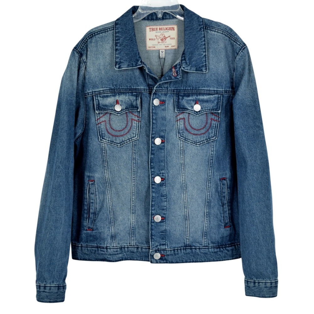 True Religion Mens XL Blue Denim Jacket Buddha Graphic Logo Print 701133 NEW